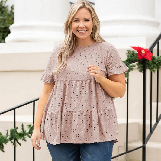 Cascade Tiered Ruffle Short Sleeve Plus Size Babydoll Top Castello Clothing Line