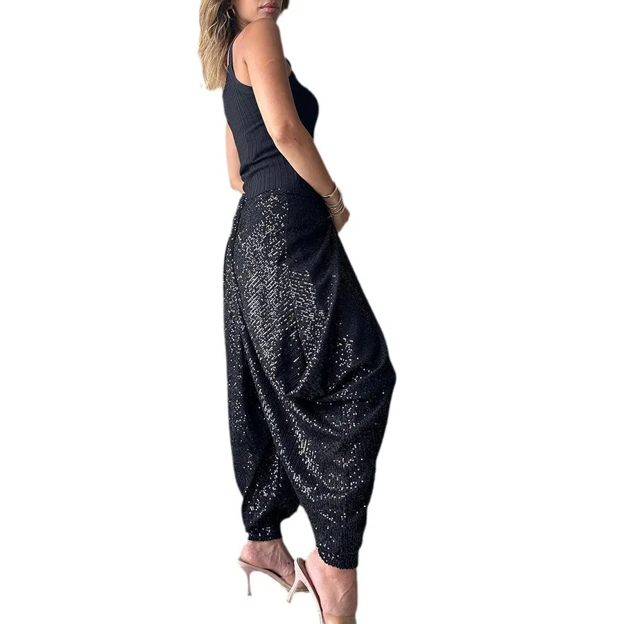 Lylah Sequin High-Waisted Draped Harem Pants Castello Clothing Line