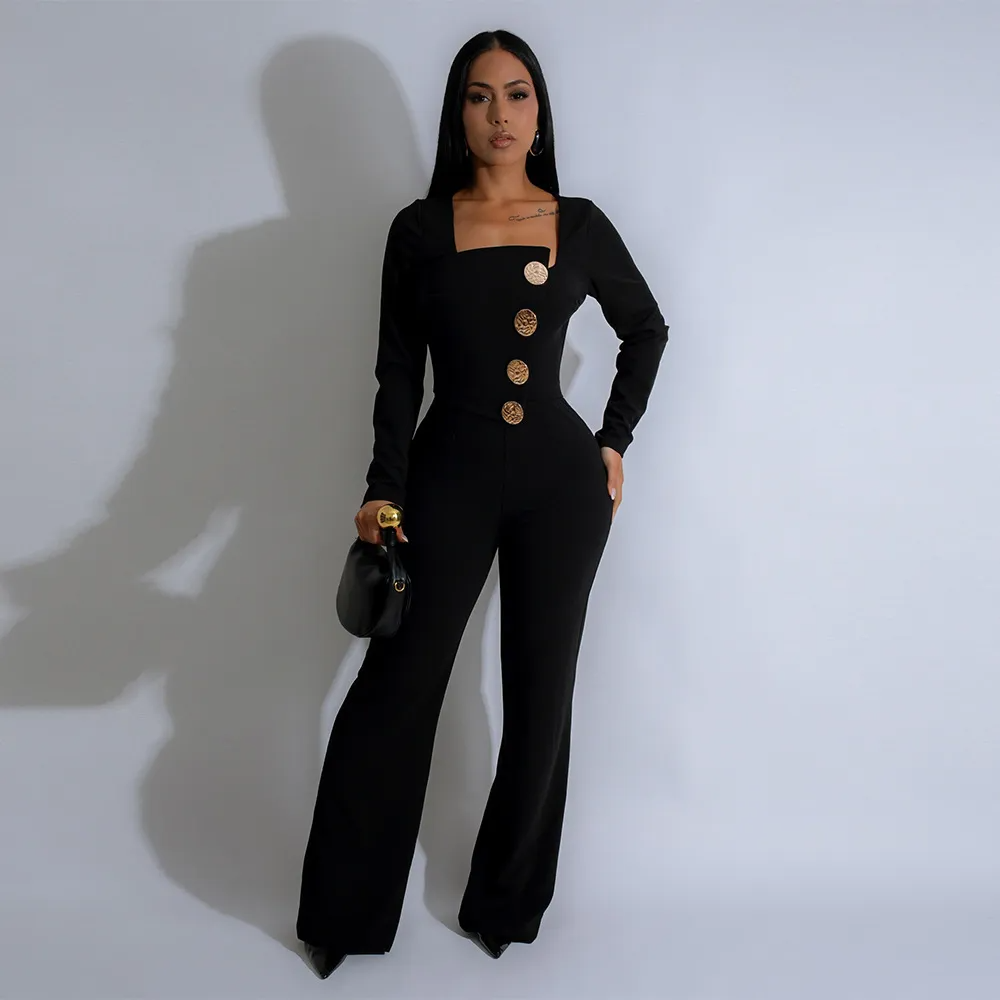Emma Square Neck Long Sleeve Asymmetrical Button Jumpsuit women jumpsuits Castello Clothing Line