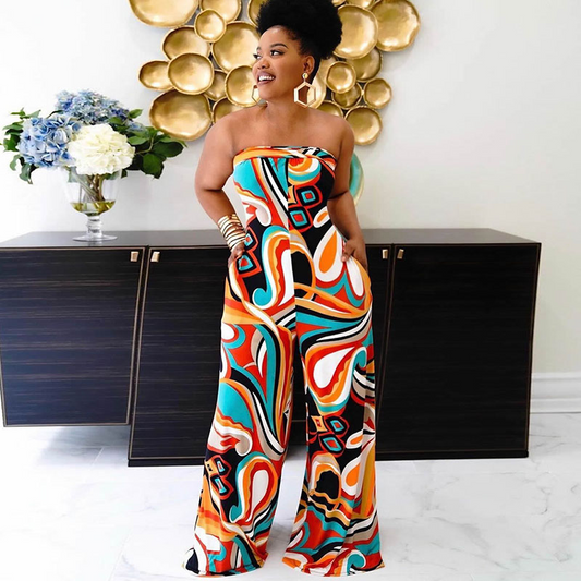 Leah Strapless Abstract Print Wide Leg Jumpsuit women jumpsuits Castello Clothing Line