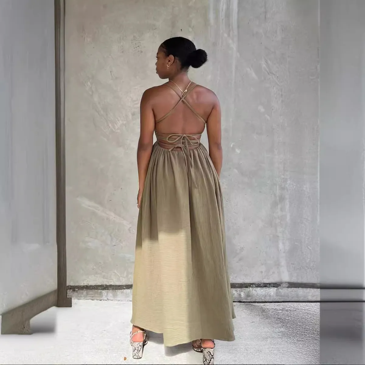 Sage Smocked Ruched Crisscross Back Slit Maxi Dress Castello Clothing Line