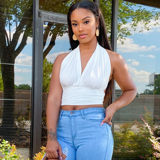 Sultry Plunge Halter Ruched Crop Top  Castello Clothing Line   