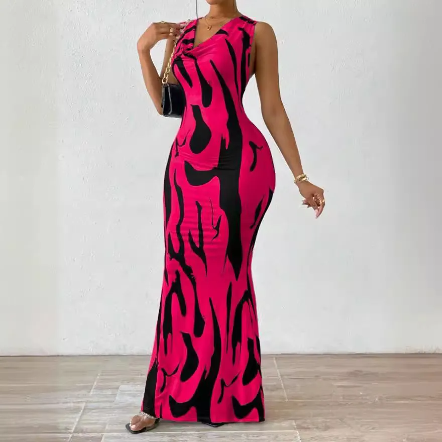 Genevieve Sleeveless Abstract Print Bodycon Maxi Dress maxi dress Castello Clothing Line