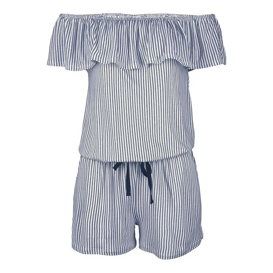 Seaside Flirt Off-Shoulder Striped Ruffle Romper  Castello Clothing Line   
