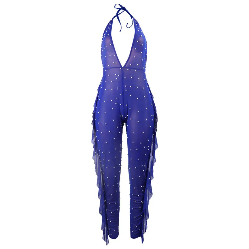Tiffany Sheer Pearl Embellished Backless Halter Jumpsuit bodycon jumpsuit Castello Clothing Line