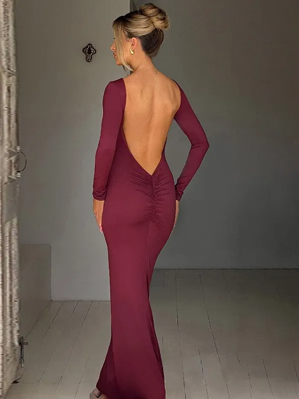 Junia Backless Long Sleeve Ruched Bodycon Maxi Dress maxi dress Castello Clothing Line