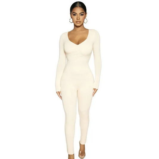 Lauren Long Sleeve Ruched Ribbed Bodycon Jumpsuit bodycon jumpsuit Castello Clothing Line