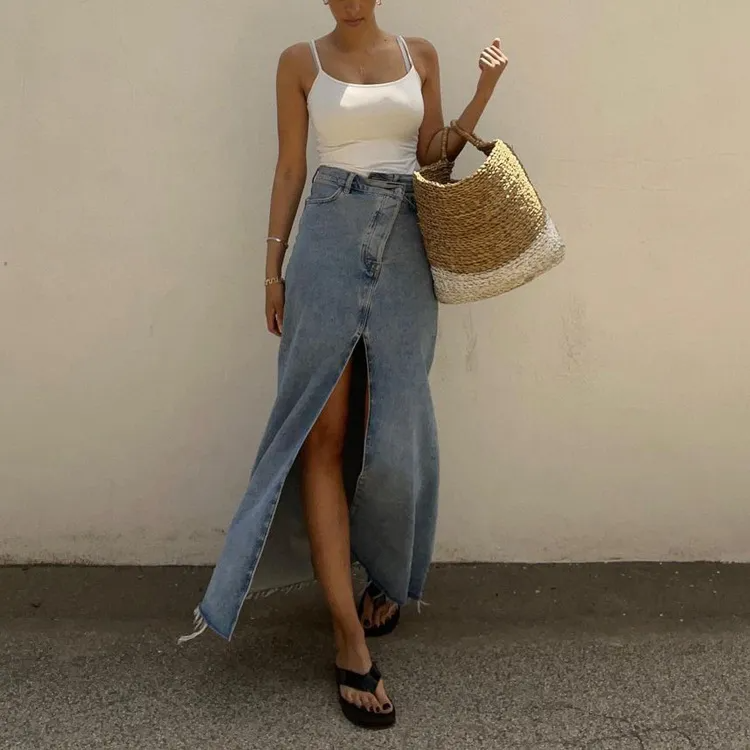Wrap It Up Slit Front Denim Maxi Skirt  Castello Clothing Line   