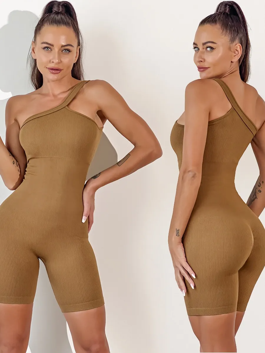 Tanis One-Shoulder Ribbed Knit Romper athletic rompers Castello Clothing Line