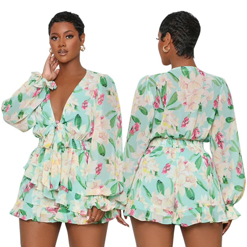 Spring Bloom Floral V-Neck Long-Sleeve Ruffle Romper  Castello Clothing Line   
