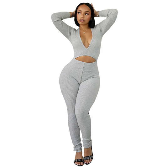 Fifi Long Sleeve Ribbed Cutout Bodycon Jumpsuit women jumpsuits Castello Clothing Line