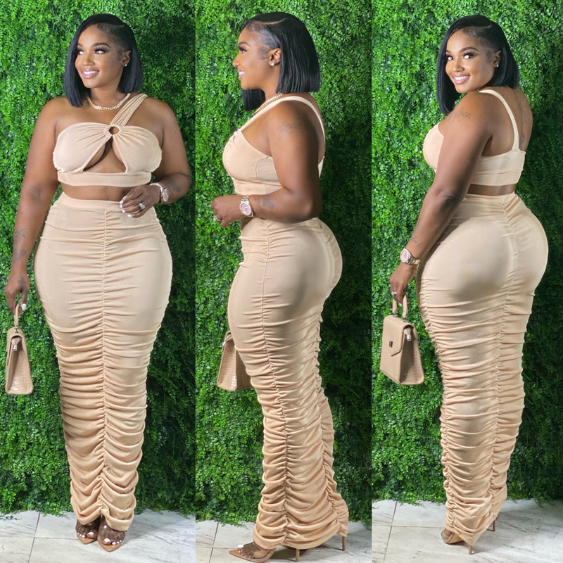 Plus Size One-Shoulder Crop Top & Ruched Skirt Set  Castello Clothing Line   