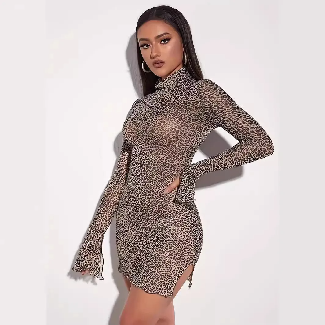 Roxie Leopard Print Sheer Long Sleeve Mini Dress Castello Clothing Line