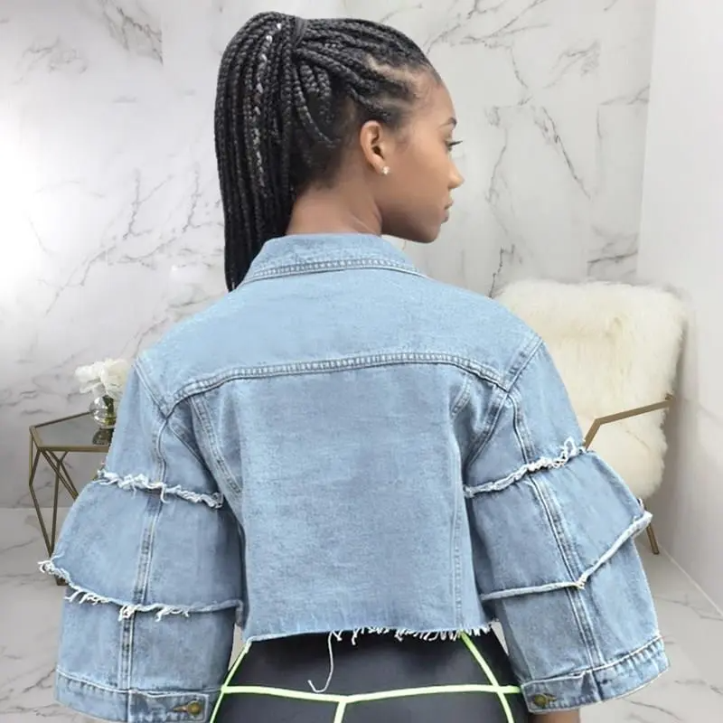 Vandal Ruffle Sleeve Frayed Hem Cropped Denim Jacket Castello Clothing Line