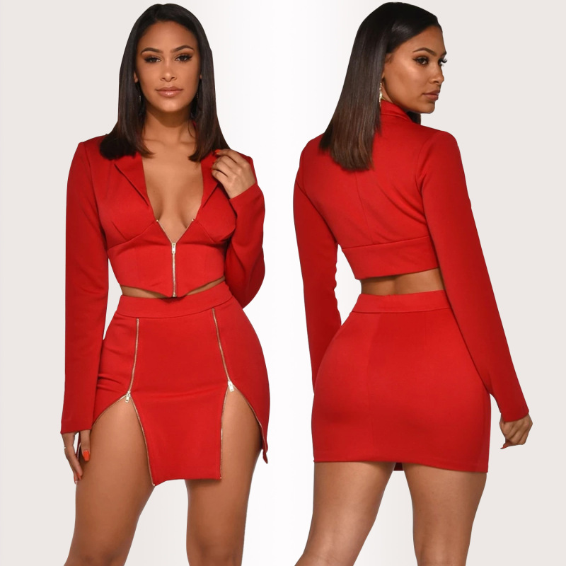 V-Neck Crop Jacket and Zippered Mini Skirt Set  Castello Clothing Line   