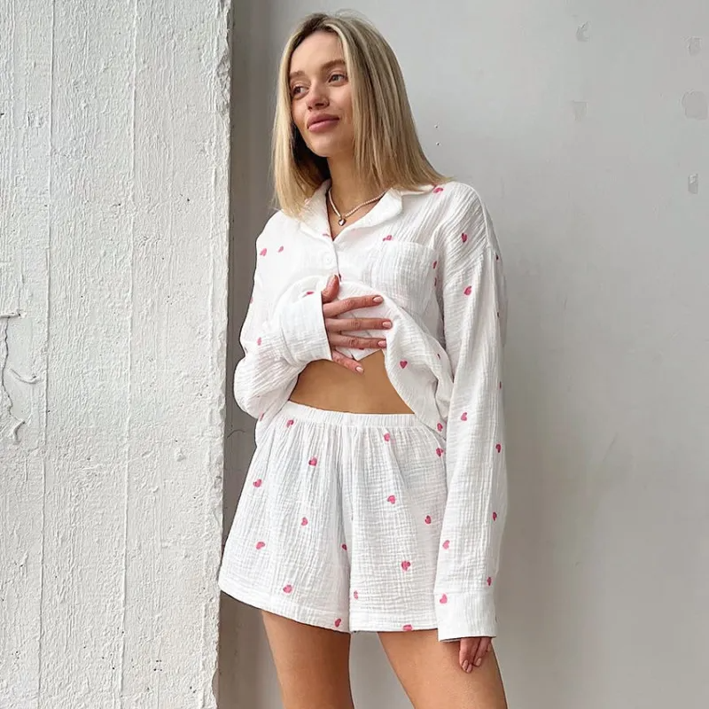 Heartbreaker Button-Up Crinkle Pajama Lounge Set  Castello Clothing Line   