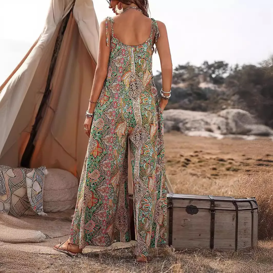 Amira Sleeveless Boho Print Wide Leg Jumpsuit women jumpsuits Castello Clothing Line