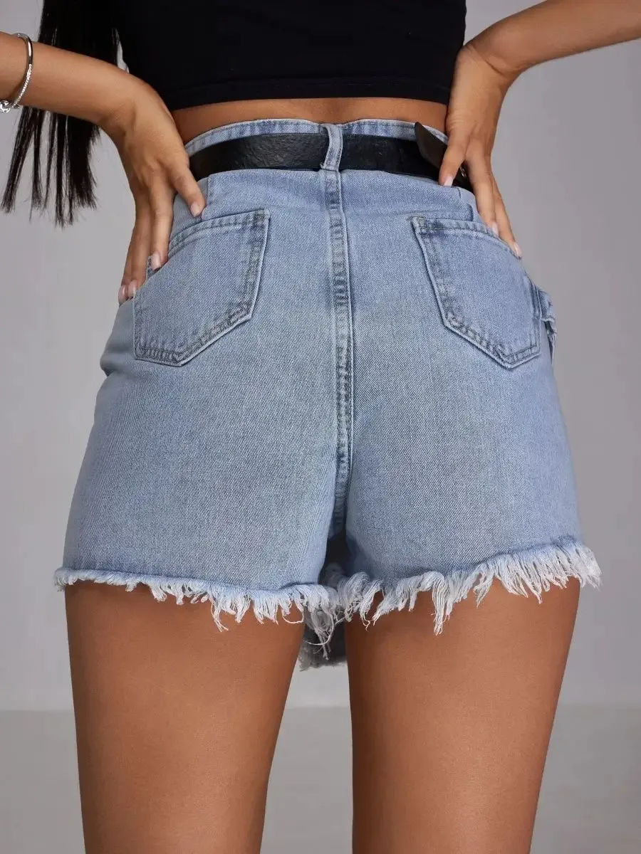 Fury High-Waist Belted Frayed Denim Skort  Castello Clothing Line   