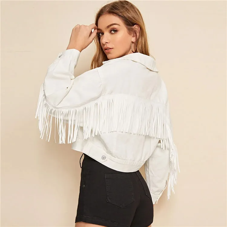 Jive Fringed Cropped Button-Up Denim Jacket Castello Clothing Line