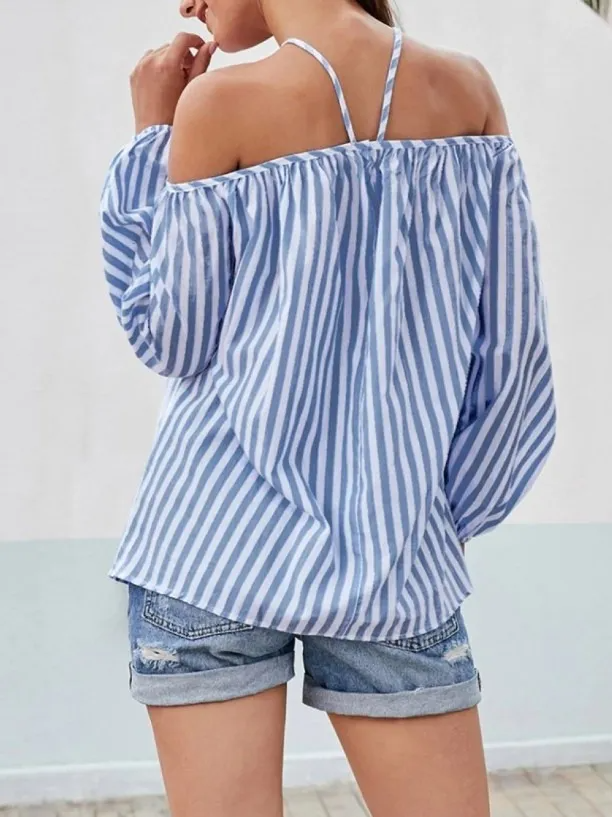 Barely Basic Striped Halter Off-Shoulder Balloon Sleeve Top Castello Clothing Line