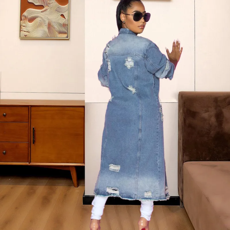 StrutLine Distressed Longline Button-Up Long Sleeve Denim Jacket Castello Clothing Line