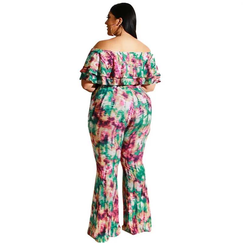 Plus Size Tie Dye Off Shoulder Top & Pants Set - Stylish and Comfortable Off The Shoulder Ruffle Crop Top with Flare Long Pants  Castello Clothing Line   