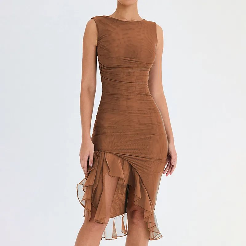 Marissa Sleeveless Ruched Sheer Overlay Bodycon Midi Dress midi dress Castello Clothing Line