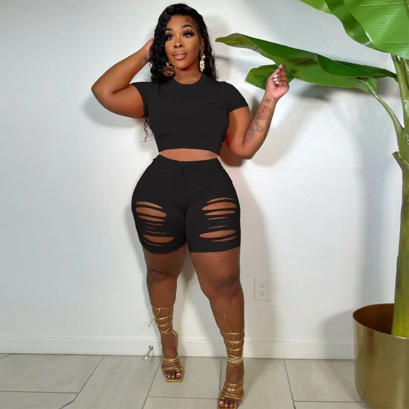 Savvy Cutout Short Sleeve Top & Ripped Biker Shorts Set  Castello Clothing Line   