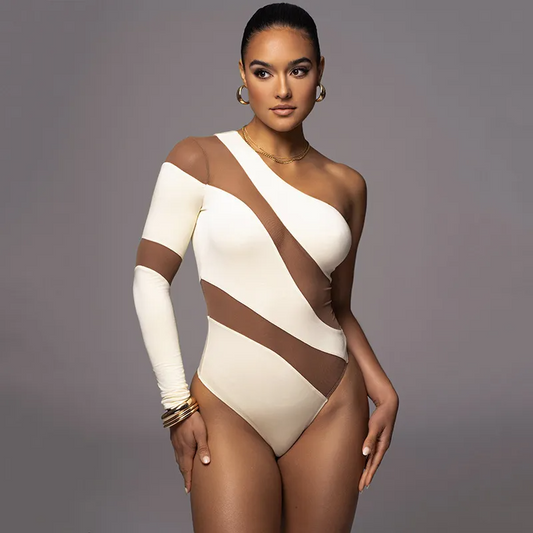 Bold Cut One-Shoulder Mesh Bodysuit  Castello Clothing Line   