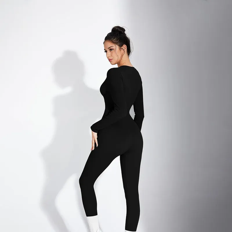 Gigi Long Sleeve Ribbed Henley Bodycon Jumpsuit women jumpsuits Castello Clothing Line