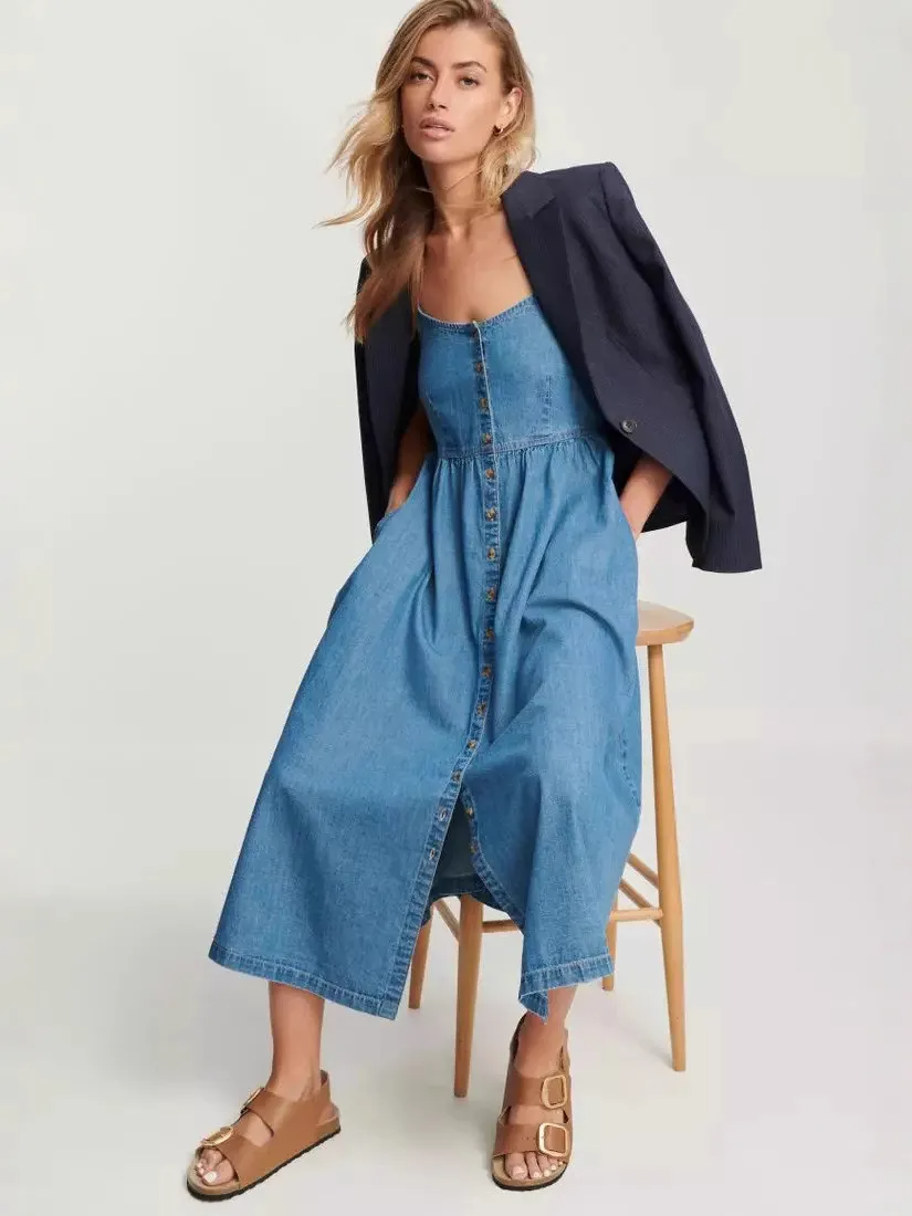 Paige Spaghetti Strap Button Front Smocked Denim Midi Dress midi dress Castello Clothing Line