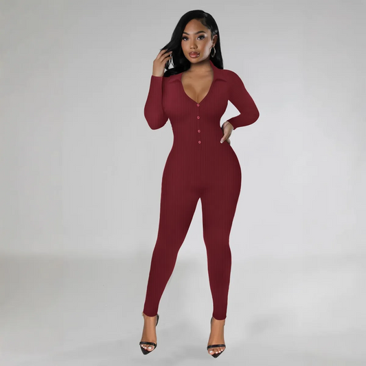 Addison Long Sleeve Ribbed Henley Bodycon Jumpsuit women jumpsuits Castello Clothing Line