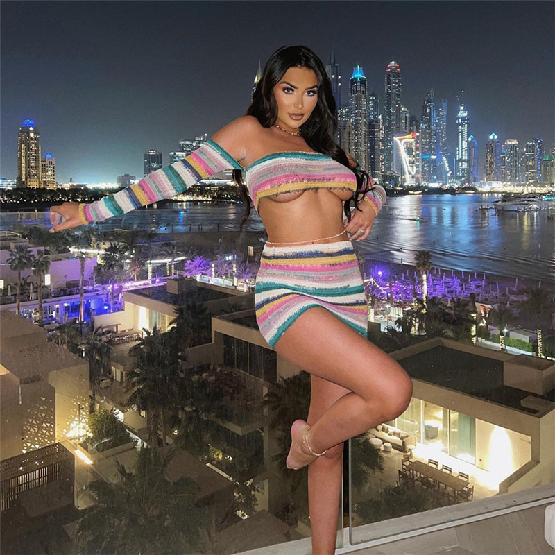 Knitted Off Shoulder Crop Top & Mini Skirt Set - Color Blocking, Long Sleeves - Polyester/Spandex  Castello Clothing Line   