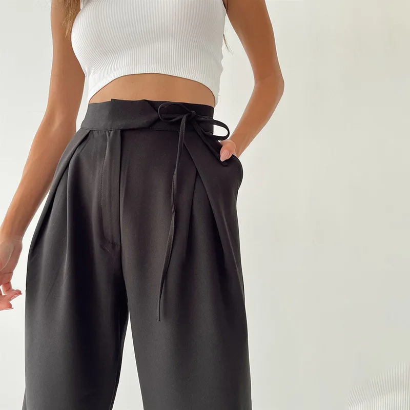 Raven Wrap Tie Tailored Wide-Leg Pleated Pants Castello Clothing Line