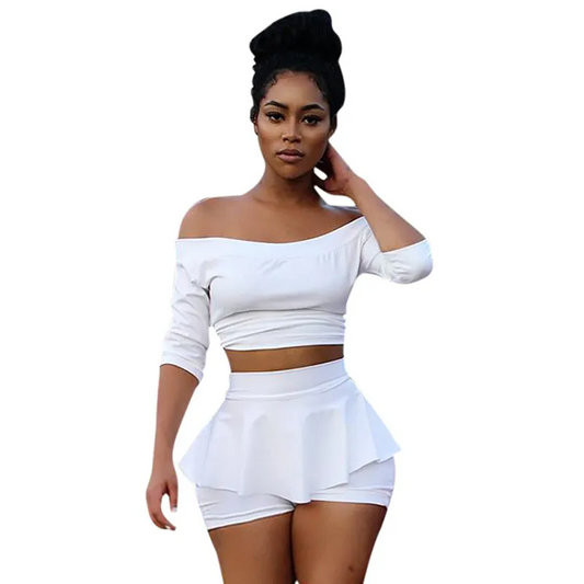 Pixie White Off-Shoulder Crop Top & Skort Set  Castello Clothing Line   