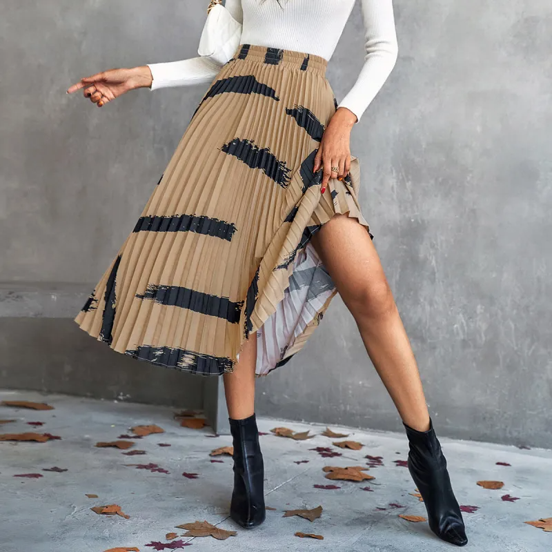 High Waist Pleated Midi Maxi Skirt with Abstract Print - Chiffon/Polyester Blend  Castello Clothing Line   