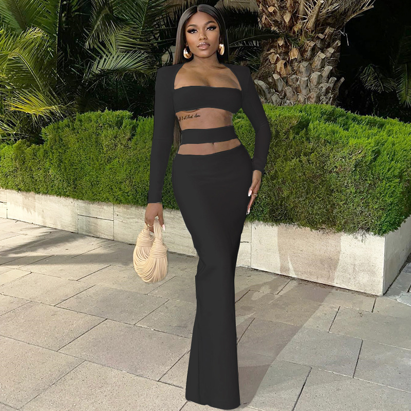 Elegant Long Sleeve Crop Top & Cut Out Skirt Set  Castello Clothing Line   