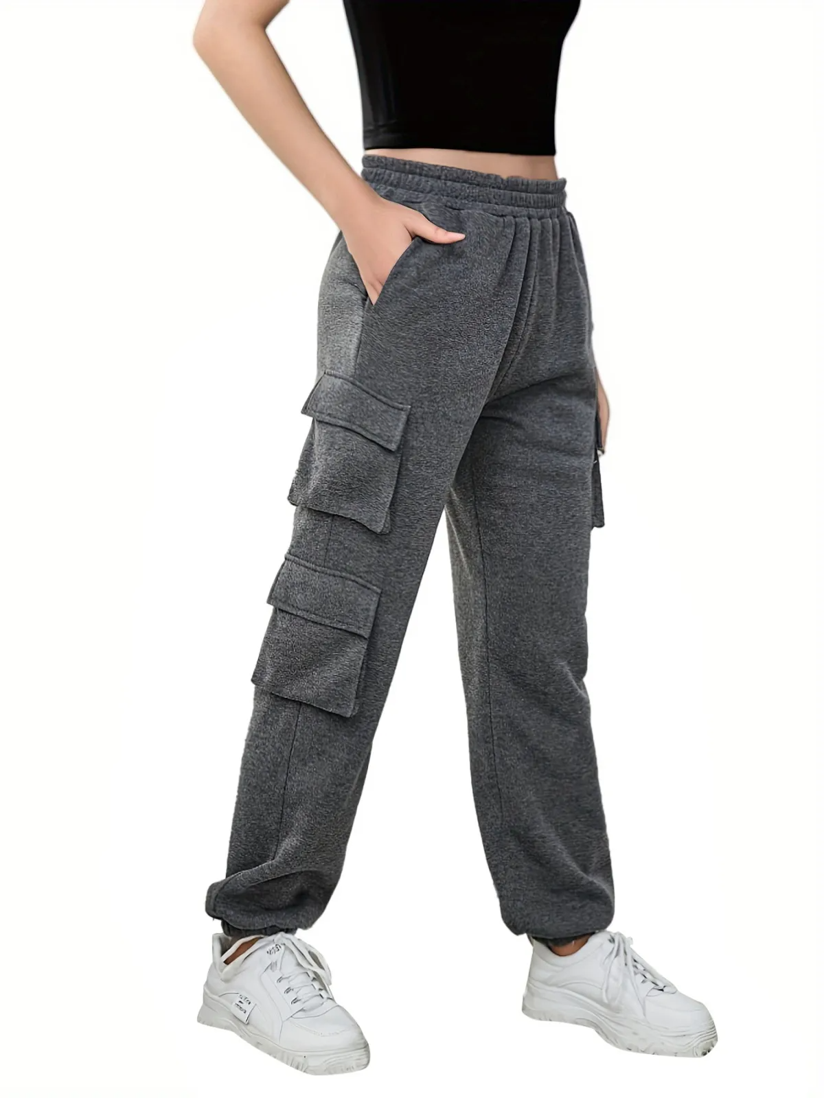 Grid High-Rise Elastic Waist Cargo Pocket Jogger Pants joggers Castello Clothing Line