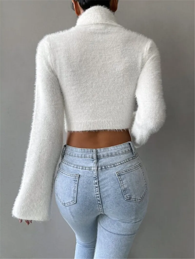 Show Off Fluffy Turtleneck Bell Sleeve Cropped Sweater Castello Clothing Line