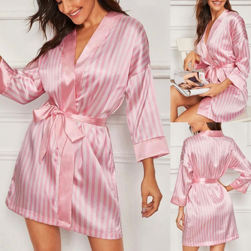 Satin Whisper Striped Tie-Waist Kimono Robe  Castello Clothing Line   