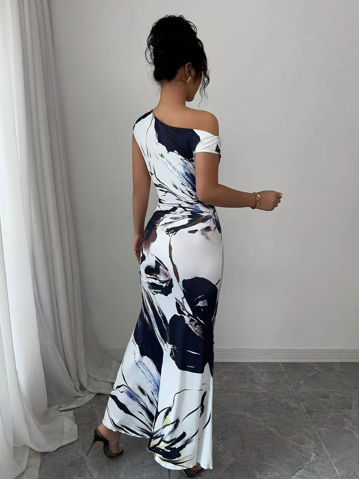 Zinn One Shoulder Abstract Floral Bodycon Maxi Dress maxi dress Castello Clothing Line