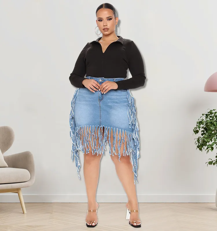 Fringe Frenzy Plus Size Denim Skirt  Castello Clothing Line   