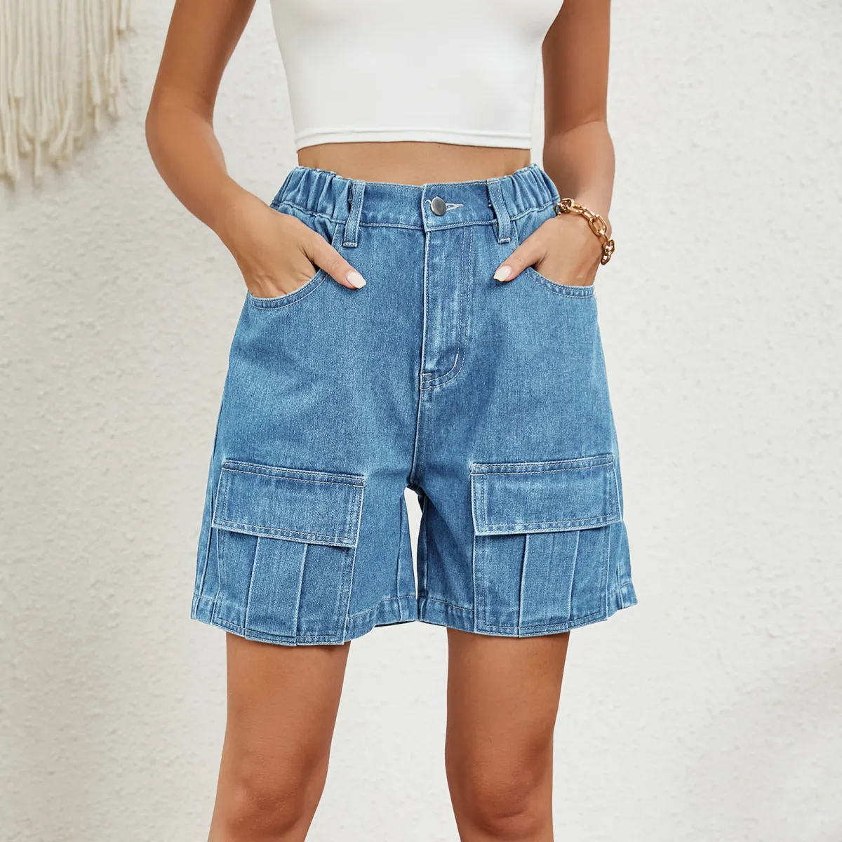 Stride High-Waist Denim Cargo Shorts  Castello Clothing Line   