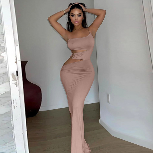 Edgy One Shoulder Cut Out Bodycon Dress with Metal Ring Detail and Side Slit  Castello Clothing Line   