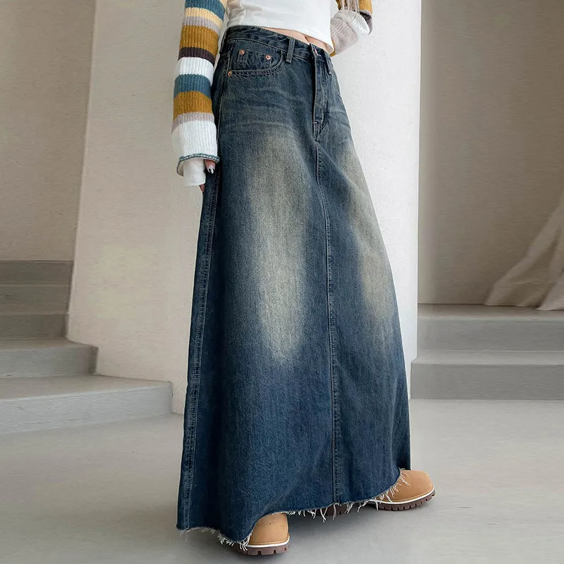 Vintage Vibe Frayed Hem Maxi Denim Skirt  Castello Clothing Line   