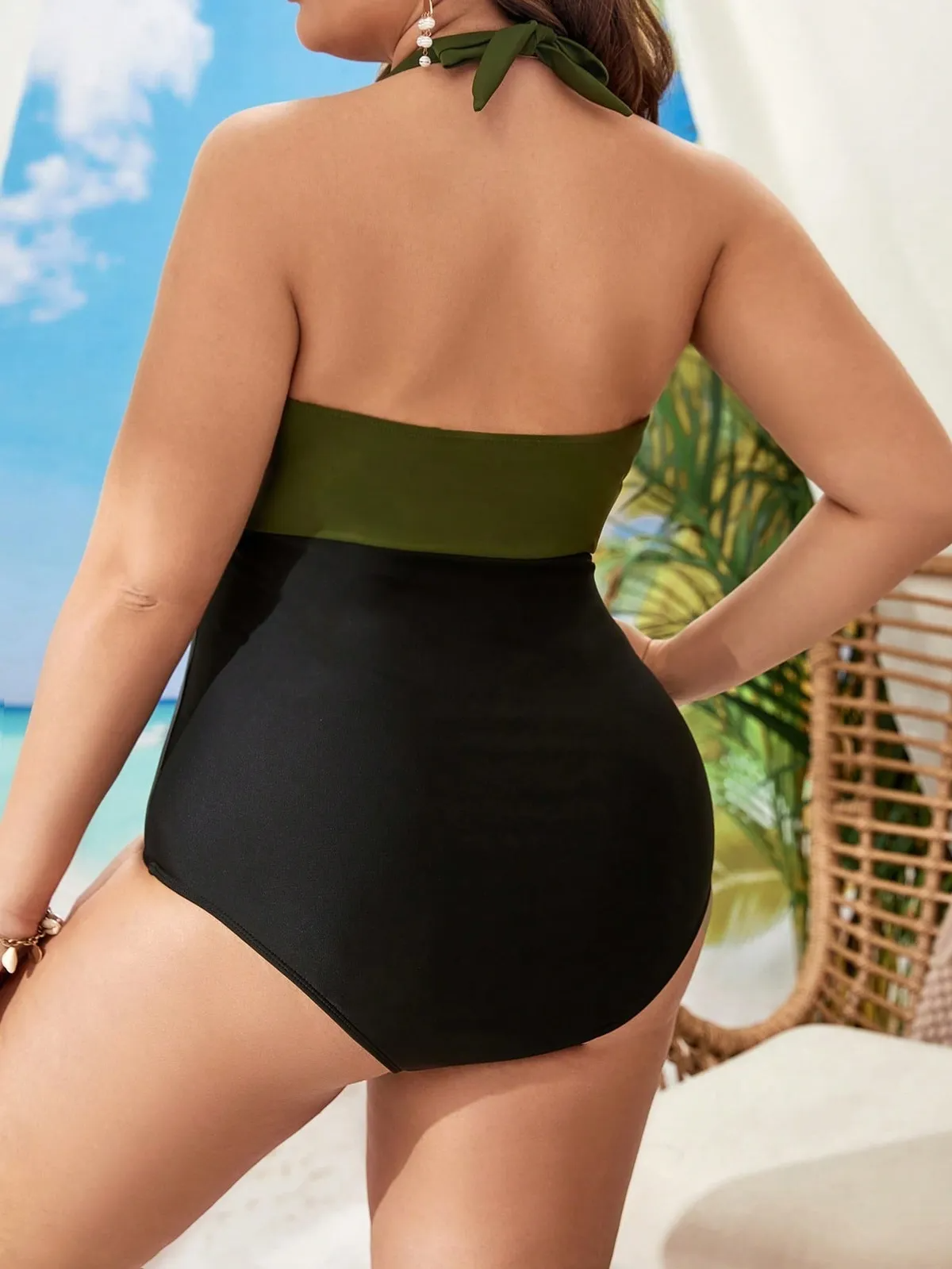 Eulalia Halter Tie Front Colorblock One-Piece Swimsuit one piece swimsuit Castello Clothing Line