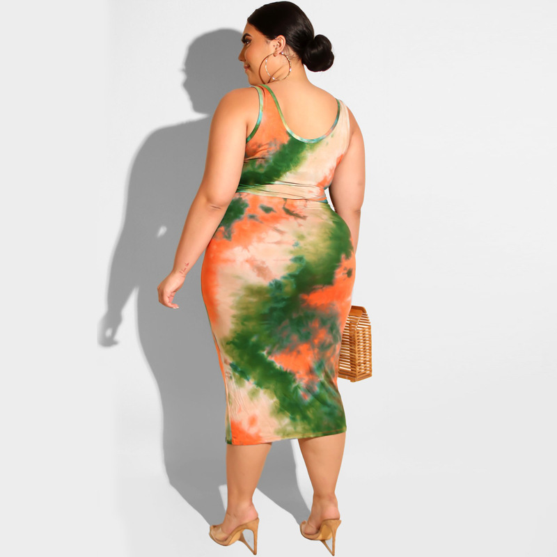 Plus Size Tie Dye Tank Top & Skirt Set - Sleeveless & Front Tie Midi Skirt in Polyester  Castello Clothing Line   