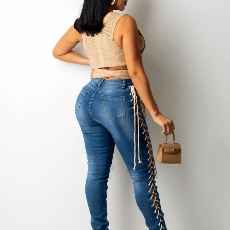 Mid Rise Lace Up Jeans  Castello Clothing Line   