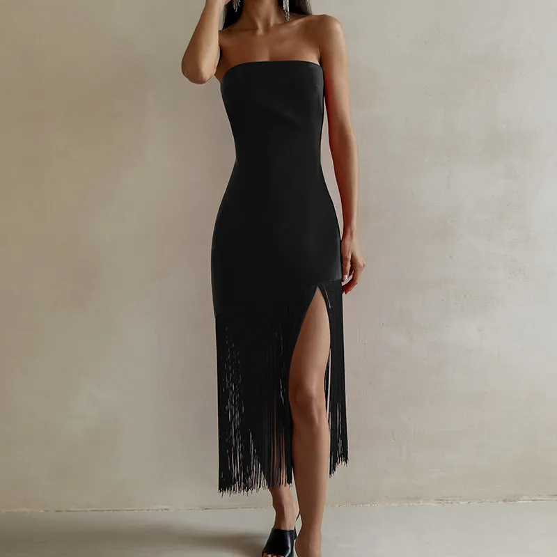 Camille Strapless Stretch Fabric Fringe Hem Midi Dress midi dress Castello Clothing Line