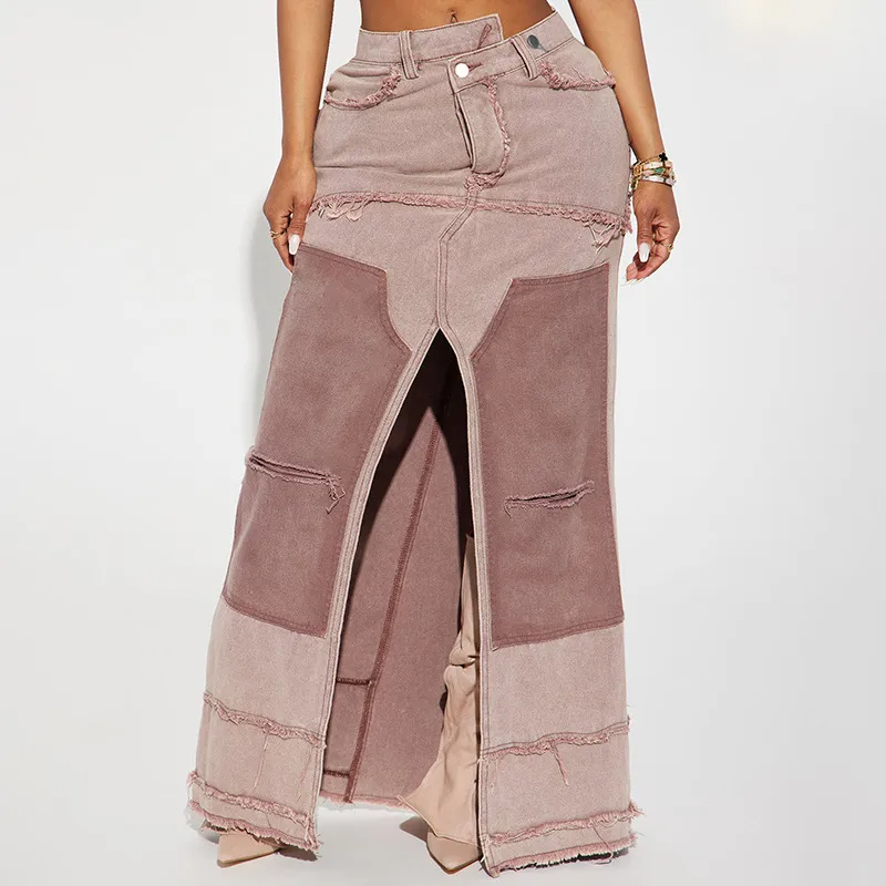 Utility Queen Slit Pocket Denim Maxi Skirt  Castello Clothing Line   